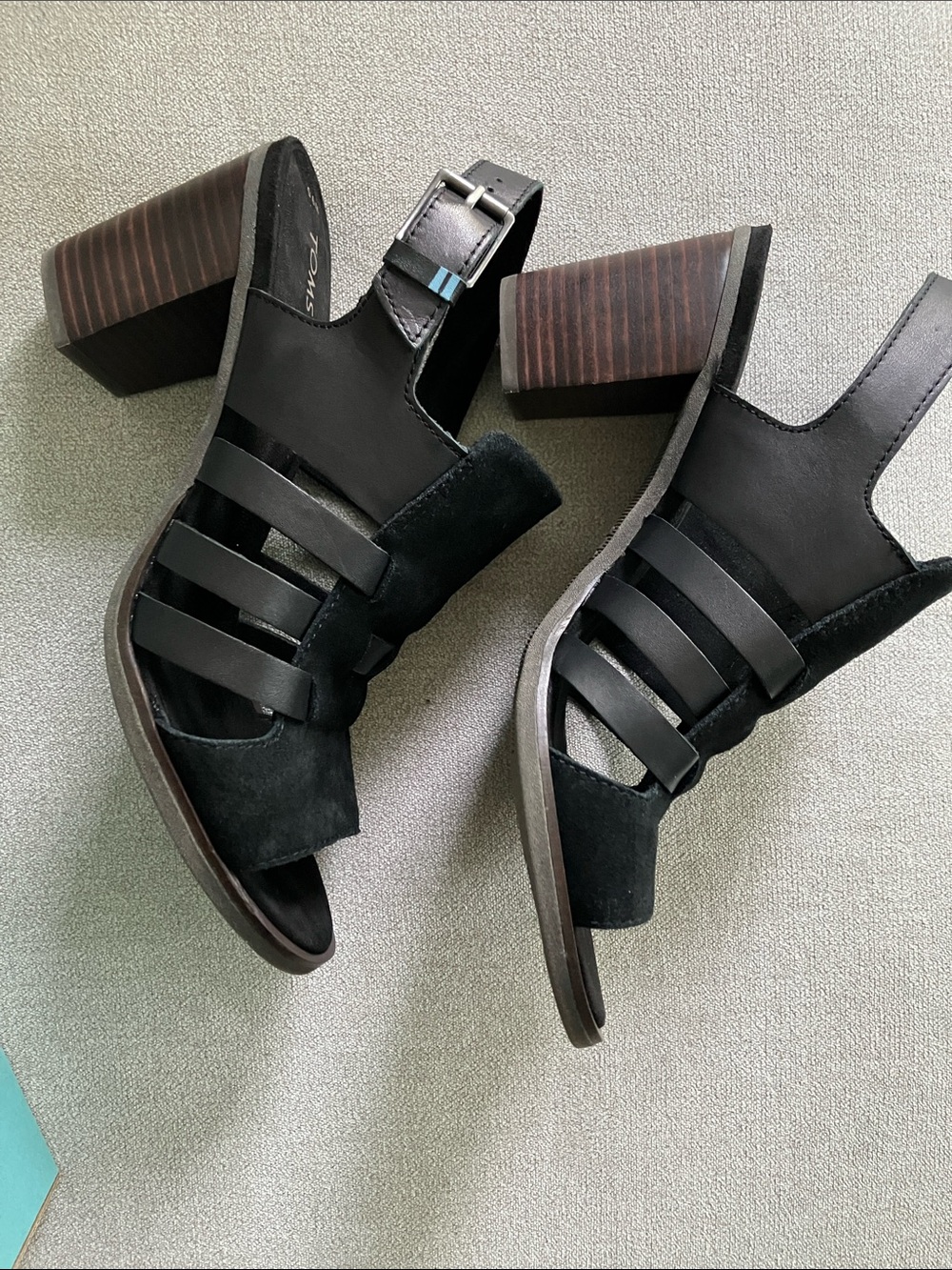 TOMS Black Suede Strappy Block Heel Sandals with Stacked Wood Heel - Picture 5 of 9